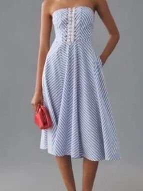 Maeve Blue and White Striped Strapless Dress